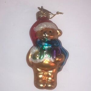 Vintage Thomas Pacconi Gold Teddy Bear Holiday Ornament with Multicolor Scarf